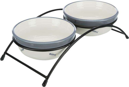 MISKI CERAMICZNE NA STOJAKU 250 ml/śr.12,5 cm, biały/szary/niebieski