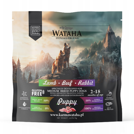 WATAHA HYPOALLERGENIC KARMA SUCHA SZCZENIAK S/D RASY JGNIĘCINA&WOŁOWINA&KRÓLIK Z RYŻEM 500g