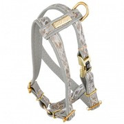 Szelki dla psa, Wild Snow Leopard, szare, skórzane mosiądz, S 13mm/ob. szyi 25-40cm ob. klatki 35-50cm