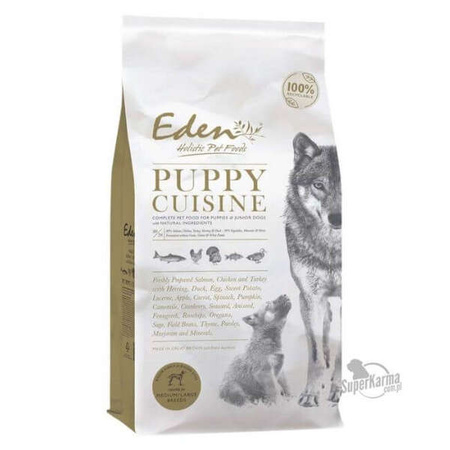Karma dla psa Eden Puppy Cuisine rozmiar M/L - karma dla szczeniąt i juniorów średnich i dużych ras, łosoś, drób, ryby  2kg, 12 kg