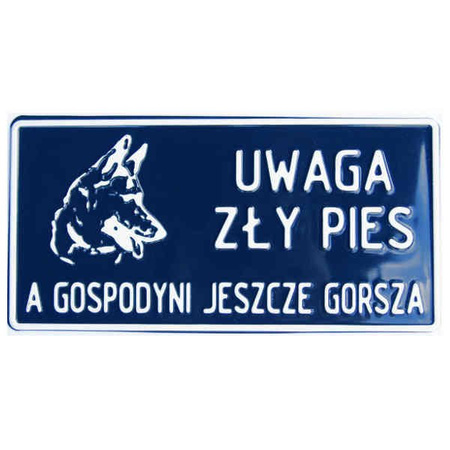 Tabliczka ostrzegawcza "uwaga zły pies, gospodyni.." 14x28 cm