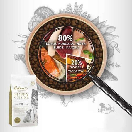 Karma dla psa Eden Puppy Cuisine rozmiar M/L - karma dla szczeniąt i juniorów średnich i dużych ras, łosoś, drób, ryby  2kg, 12 kg