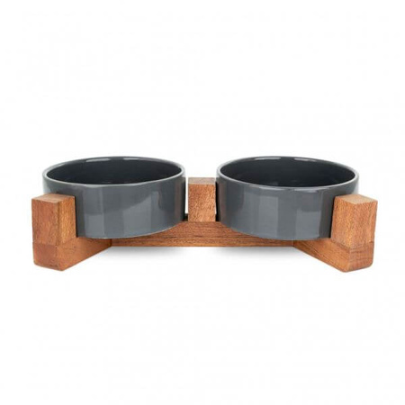 Zestaw 2 misek, dla kota, na stojaku drewnianym, ciemnoszare, ceramiczne, 12cm