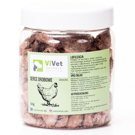 Liofilizowane serca drobiowe ViVet Animals 60 g